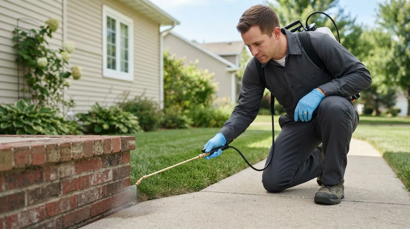 Pest control technician treating a home near Grantham, NH